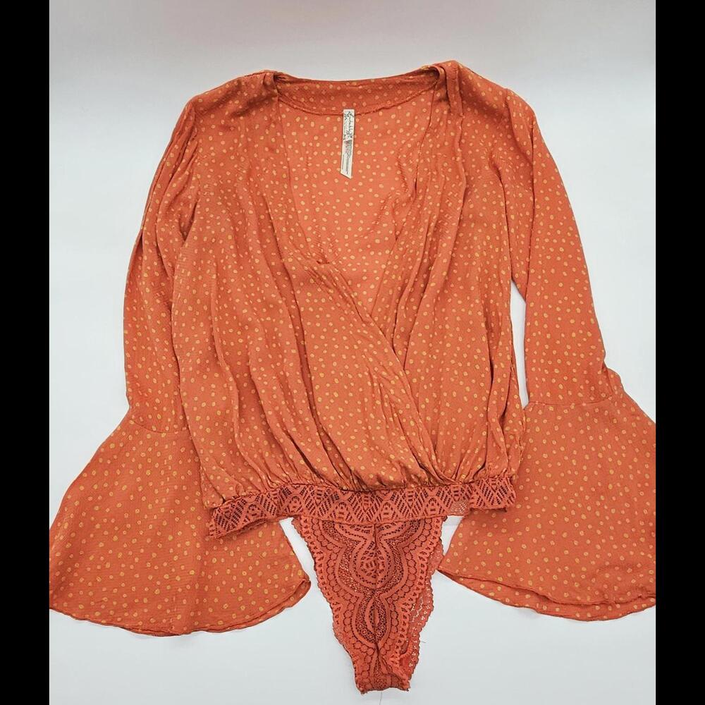 Free People Bell Sleeve Longsleeve Bodysuit Deep V-Neck Orange/ Yellow Small